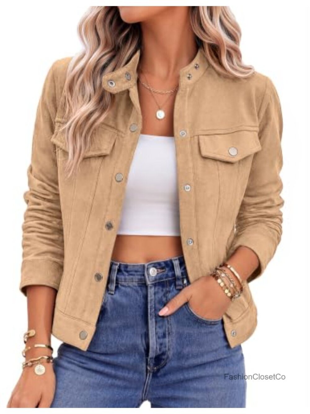 Faux Suede Cropped Jacket for Women Casual Snap Button Coat